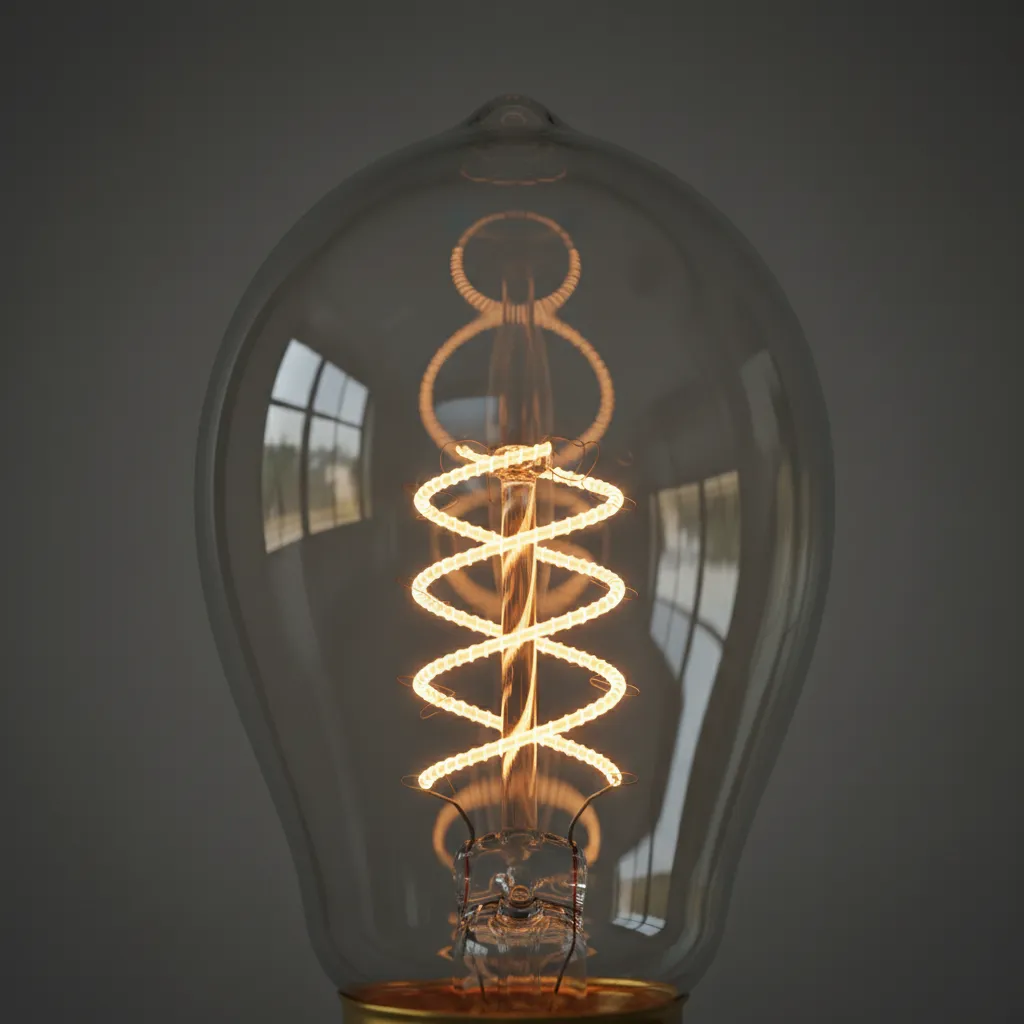 Close-up of incandescent bulb glowing tungsten filament producing warm light