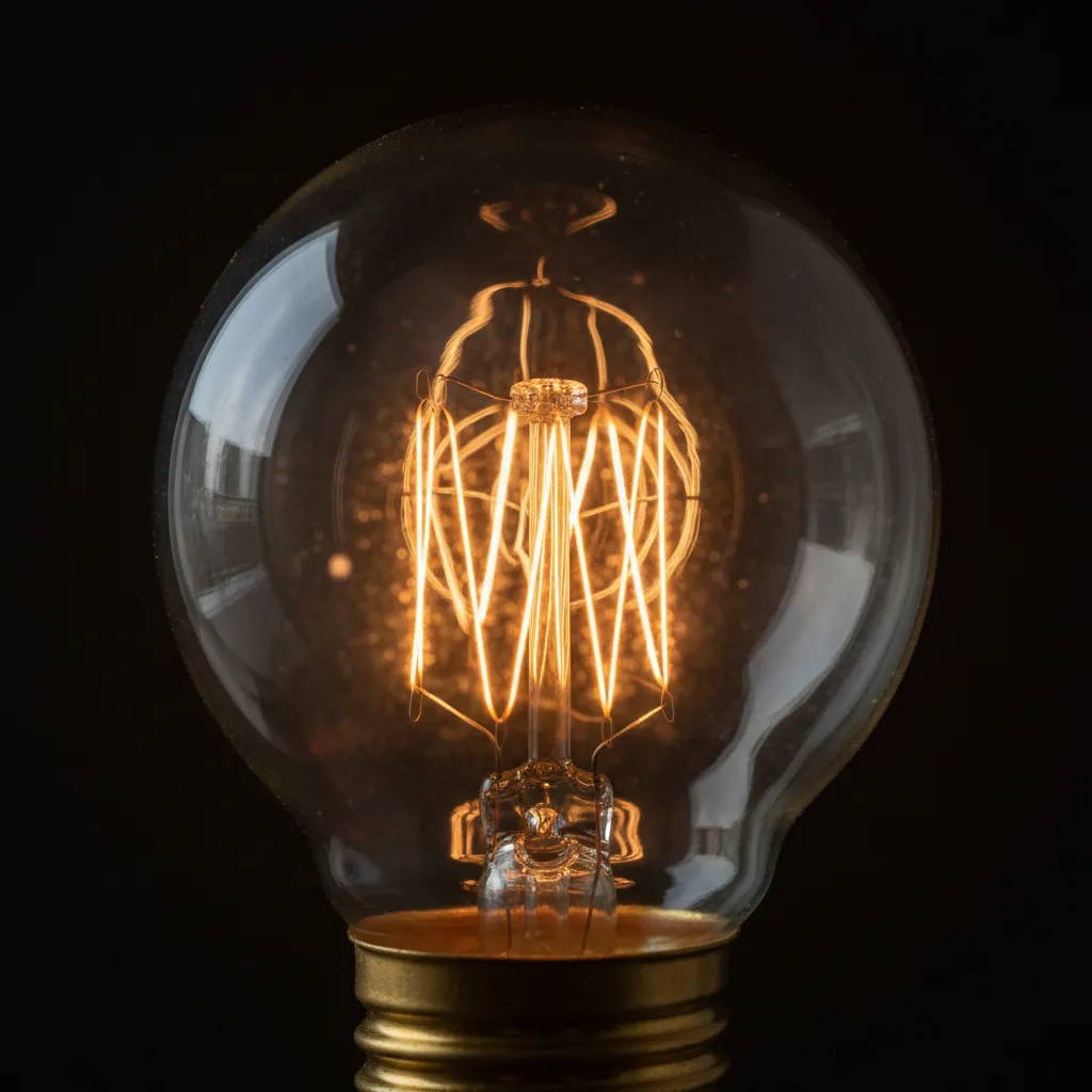 close up of incandescent light bulb glowing with visible tungsten filament