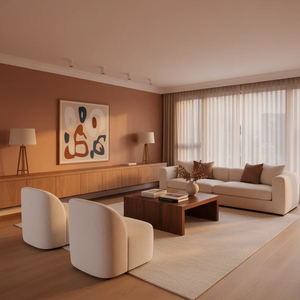 living room interior with warm incandescent lighting highlighting wood and fabrics