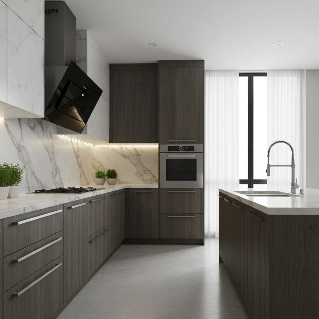 Inclined glass kitchen chimney design in modern cooking space