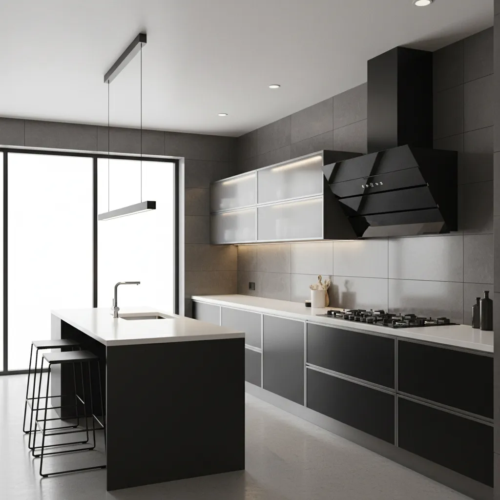 modern inclined kitchen chimney with angled glass panel above cooktop