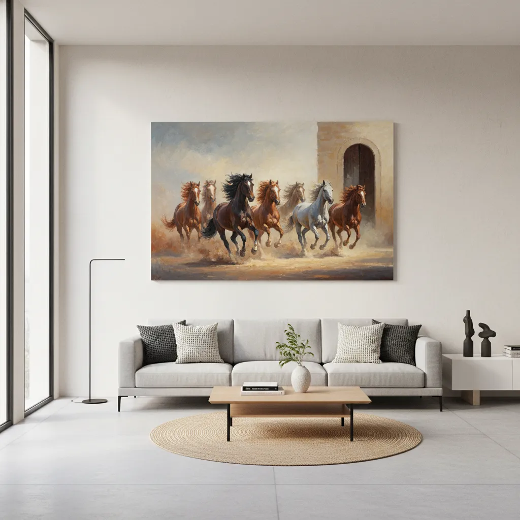 horse painting on wall appearing to run toward a door