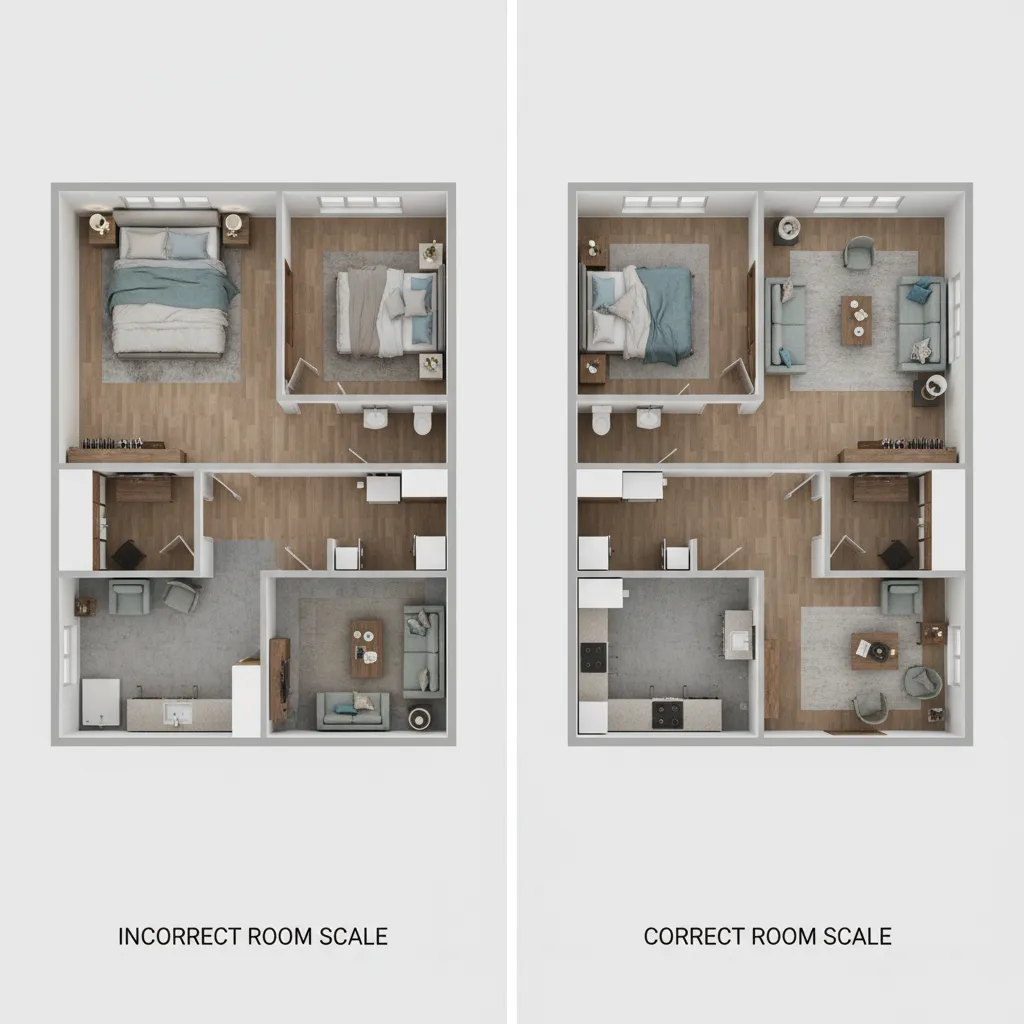 Comparison of incorrect and correct scale in a 3D floor plan layout