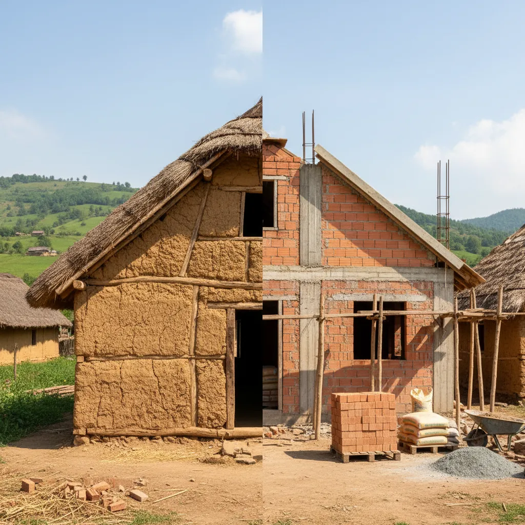 Rural house partially upgraded from mud walls to brick structure showing transition from kacha to pakka housing