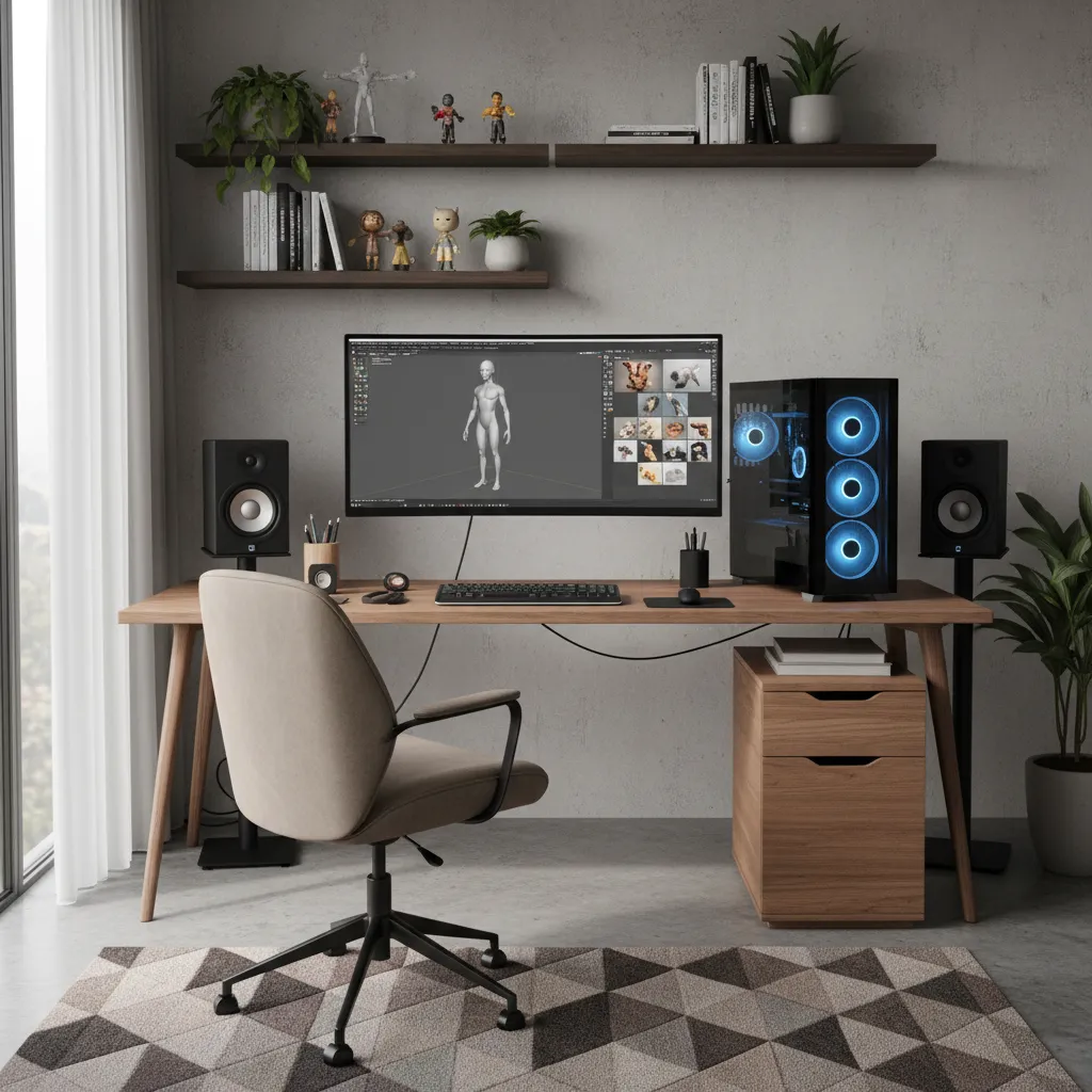 independent 3D artist working with reference images while modeling on a computer