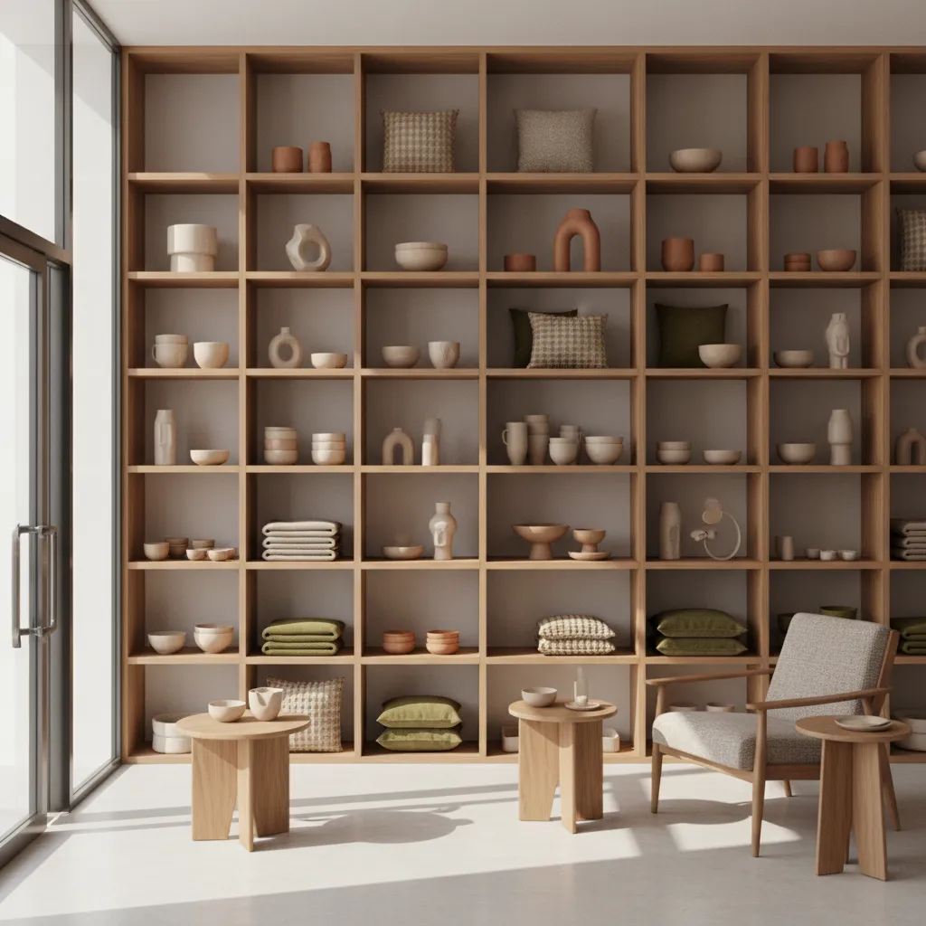 Independent home decor boutique with curated shelves and artisan products