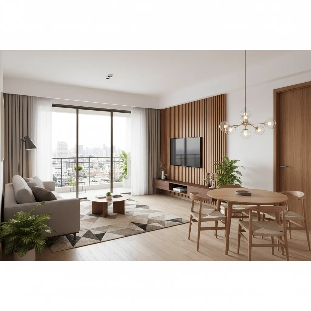 Open living and dining layout in a 1000 sq ft Indian apartment