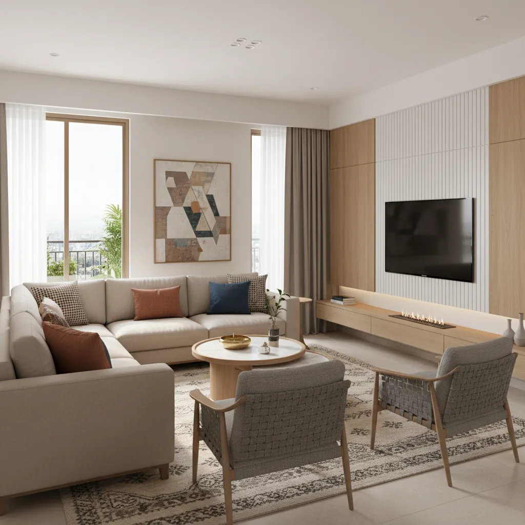 Modern Indian apartment living room in a 3 BHK layout