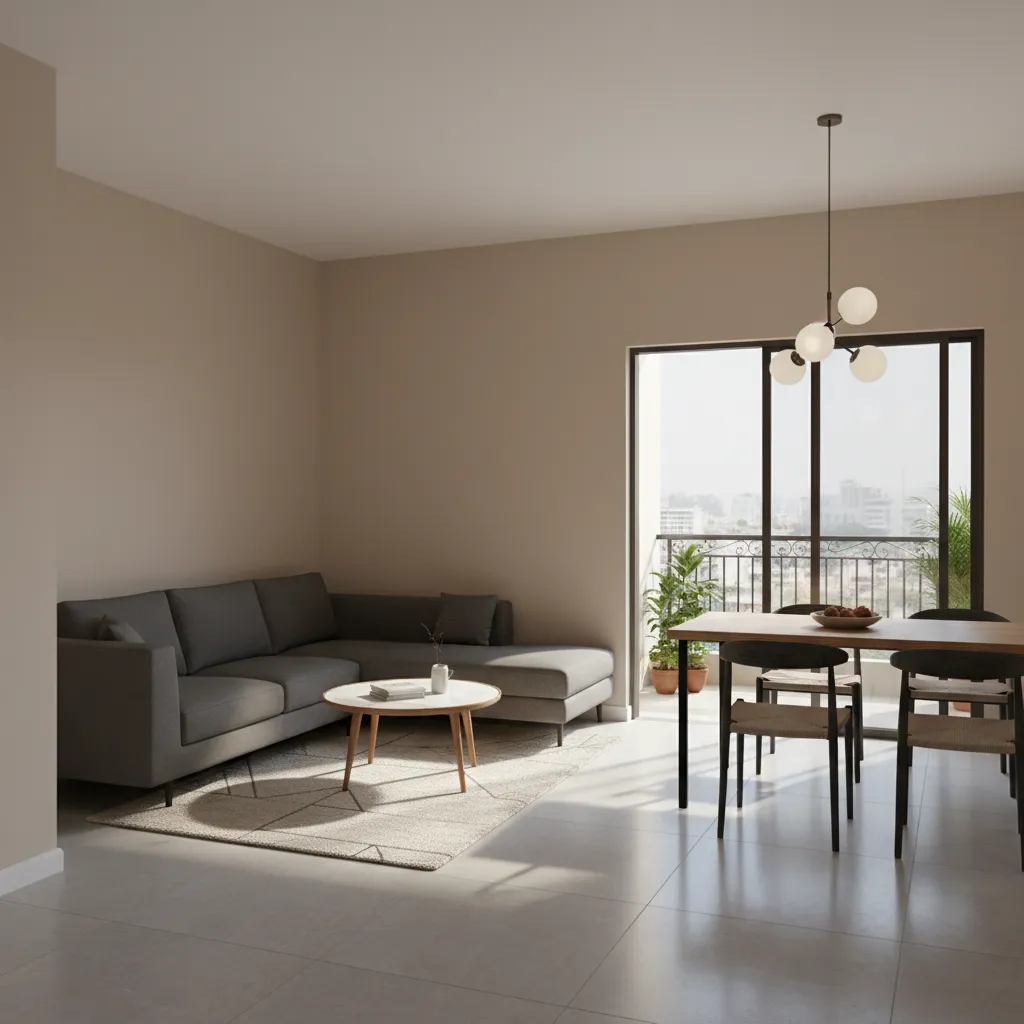 3D layout visualization of compact Indian apartment living and dining space