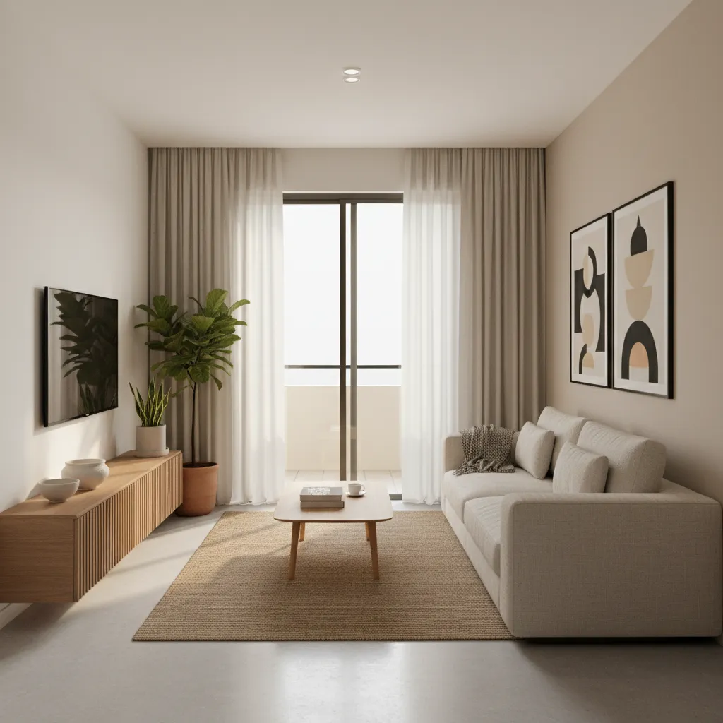 AI visualised modern Indian apartment living room design