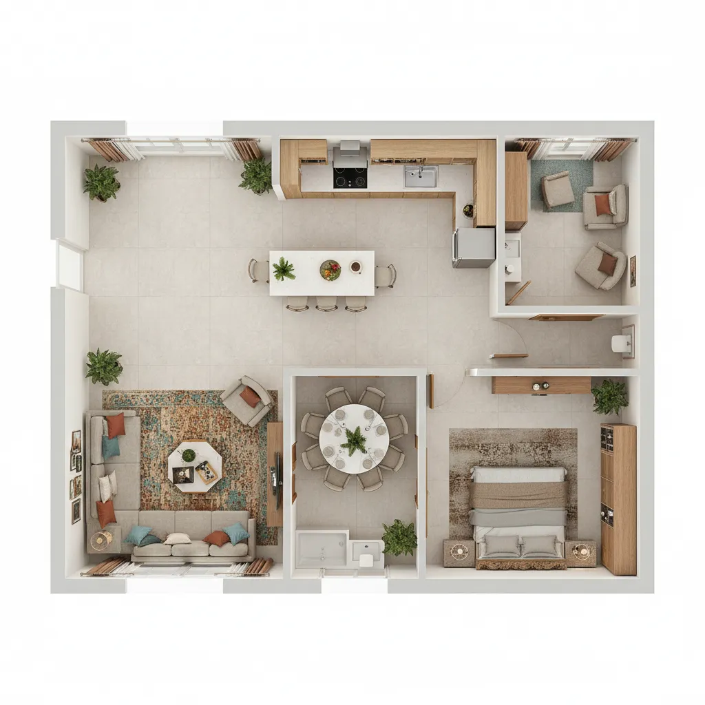 3D apartment layout plan showing furniture placement in an Indian home