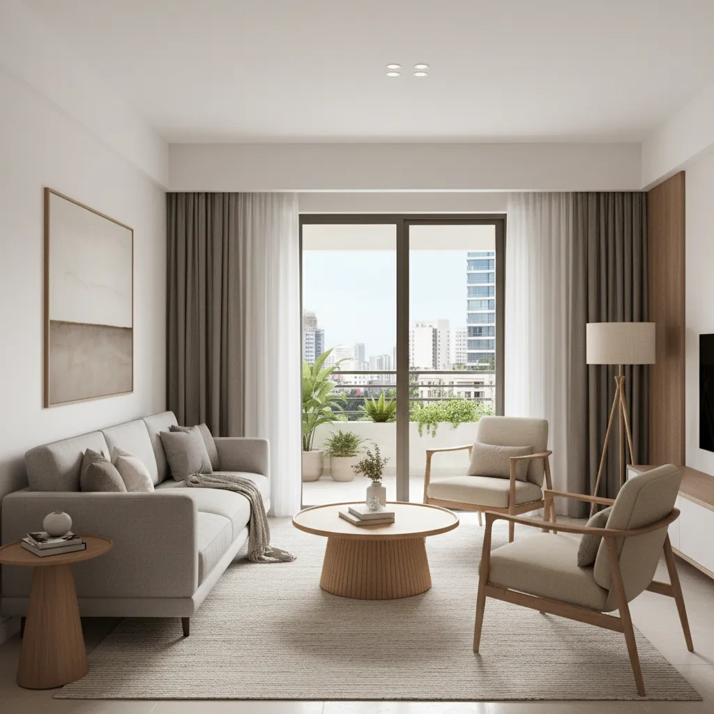 Example of a medium sized Indian apartment living room layout with sofa and accent seating