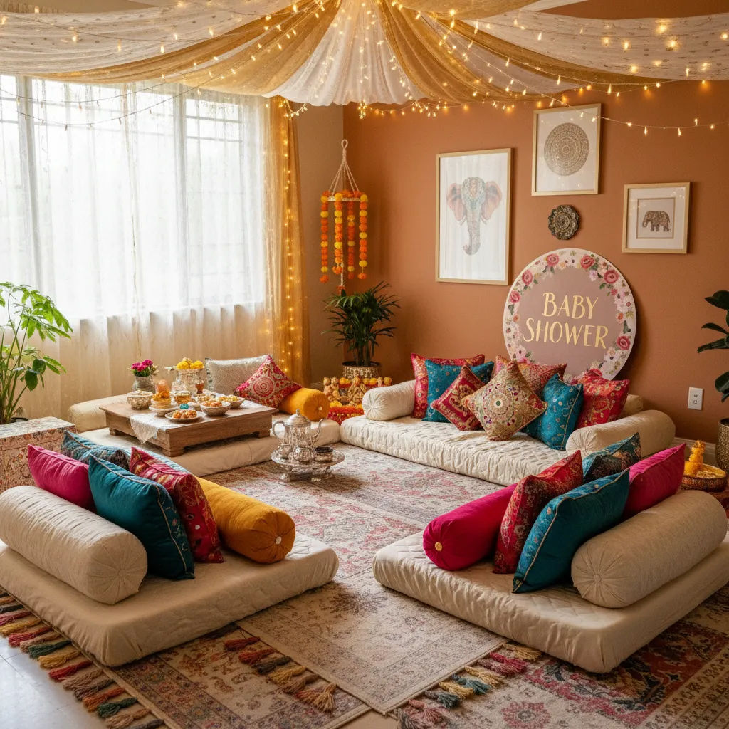 traditional floor seating arrangement for Indian baby shower at home
