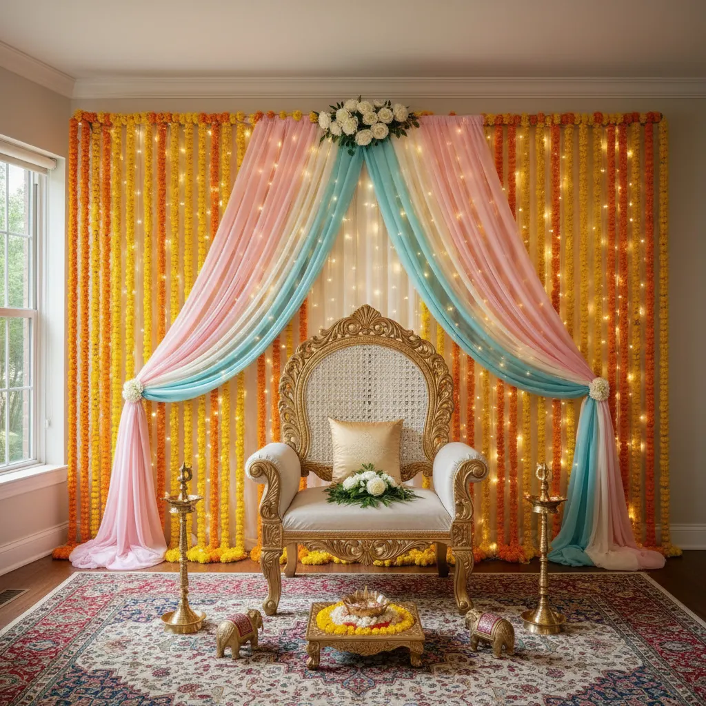 traditional floral backdrop with marigold garlands for Indian baby shower decoration at home
