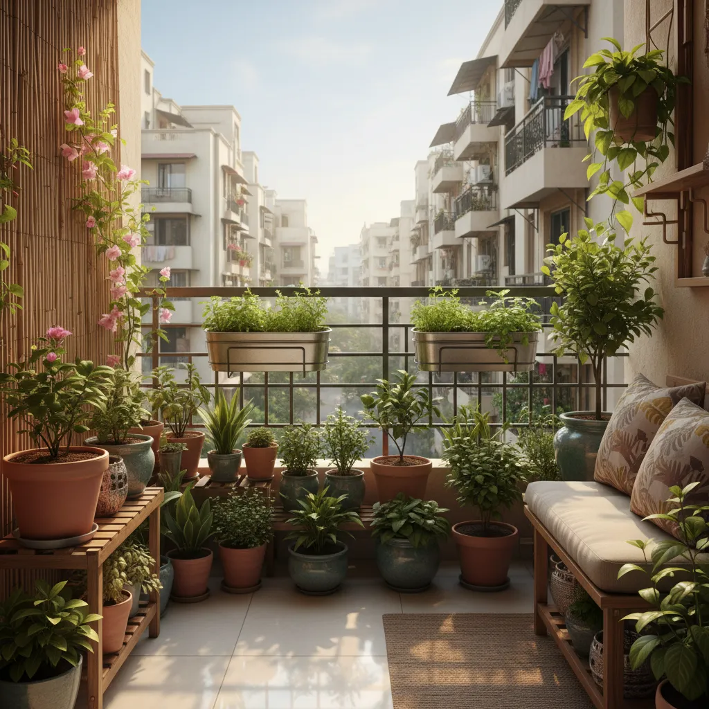 Small apartment balcony garden setup with several potted plants and railing planters
