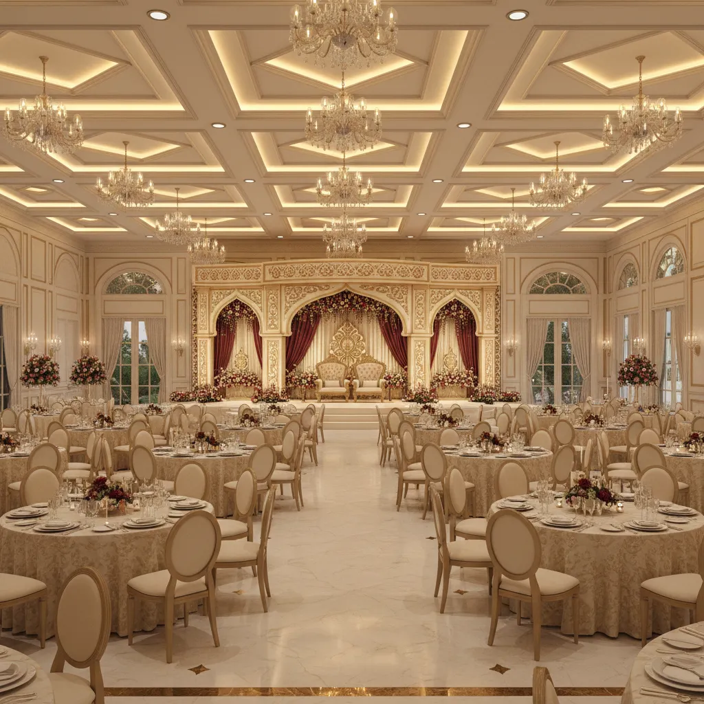 spacious Indian banquet hall interior with stage and round dining tables