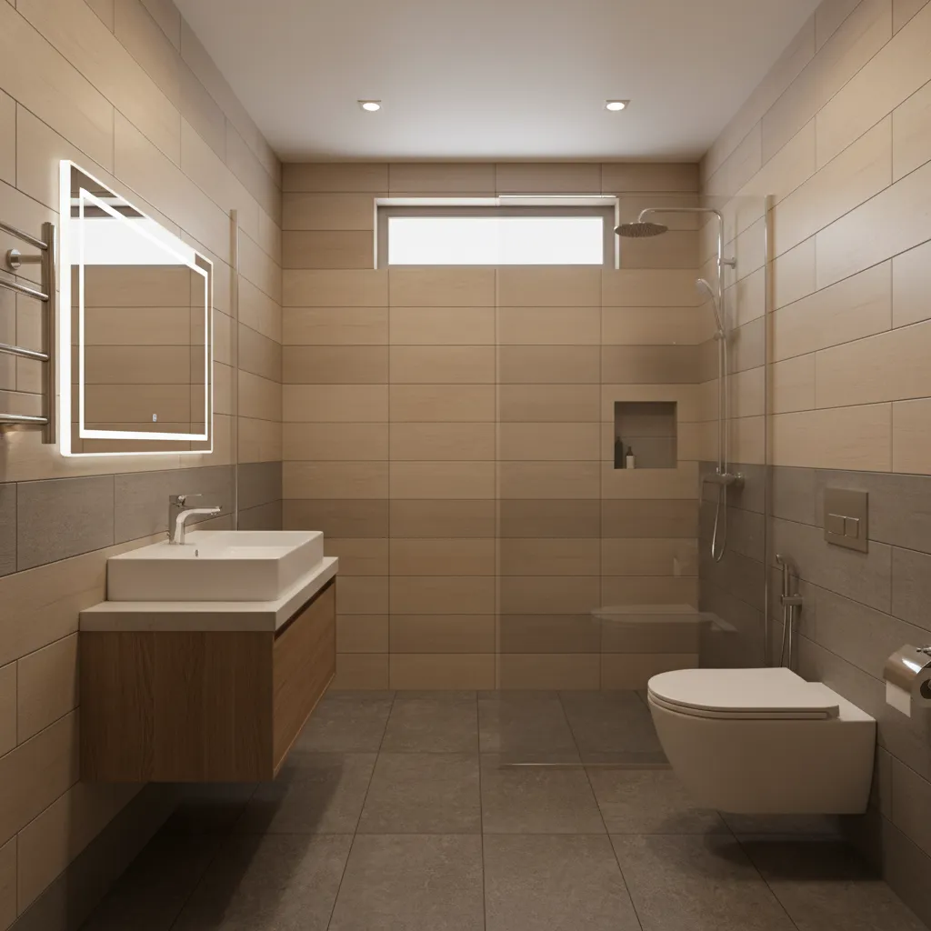 small modern Indian bathroom with ceramic wall tiles and anti skid floor tiles