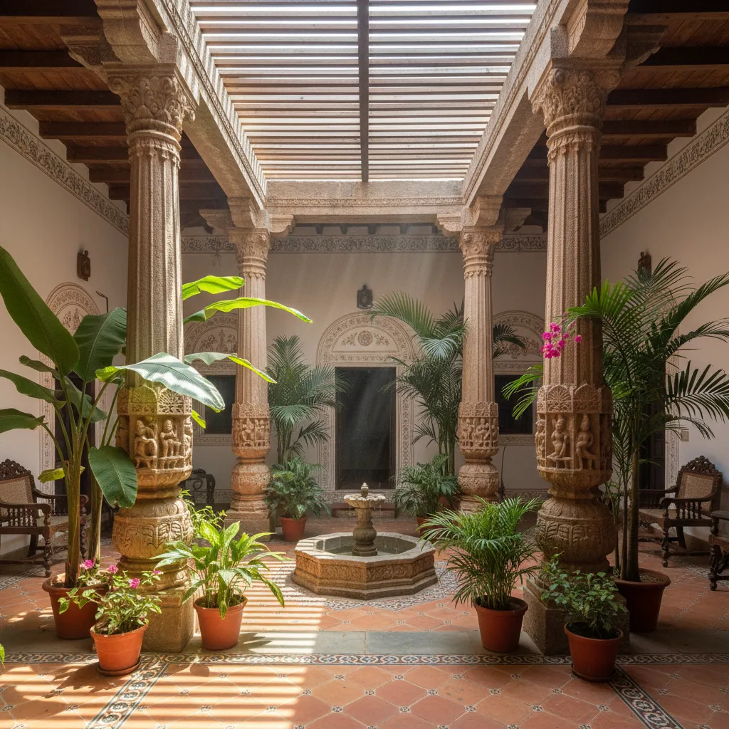 Patio central con vegetación en una vivienda india tradicional