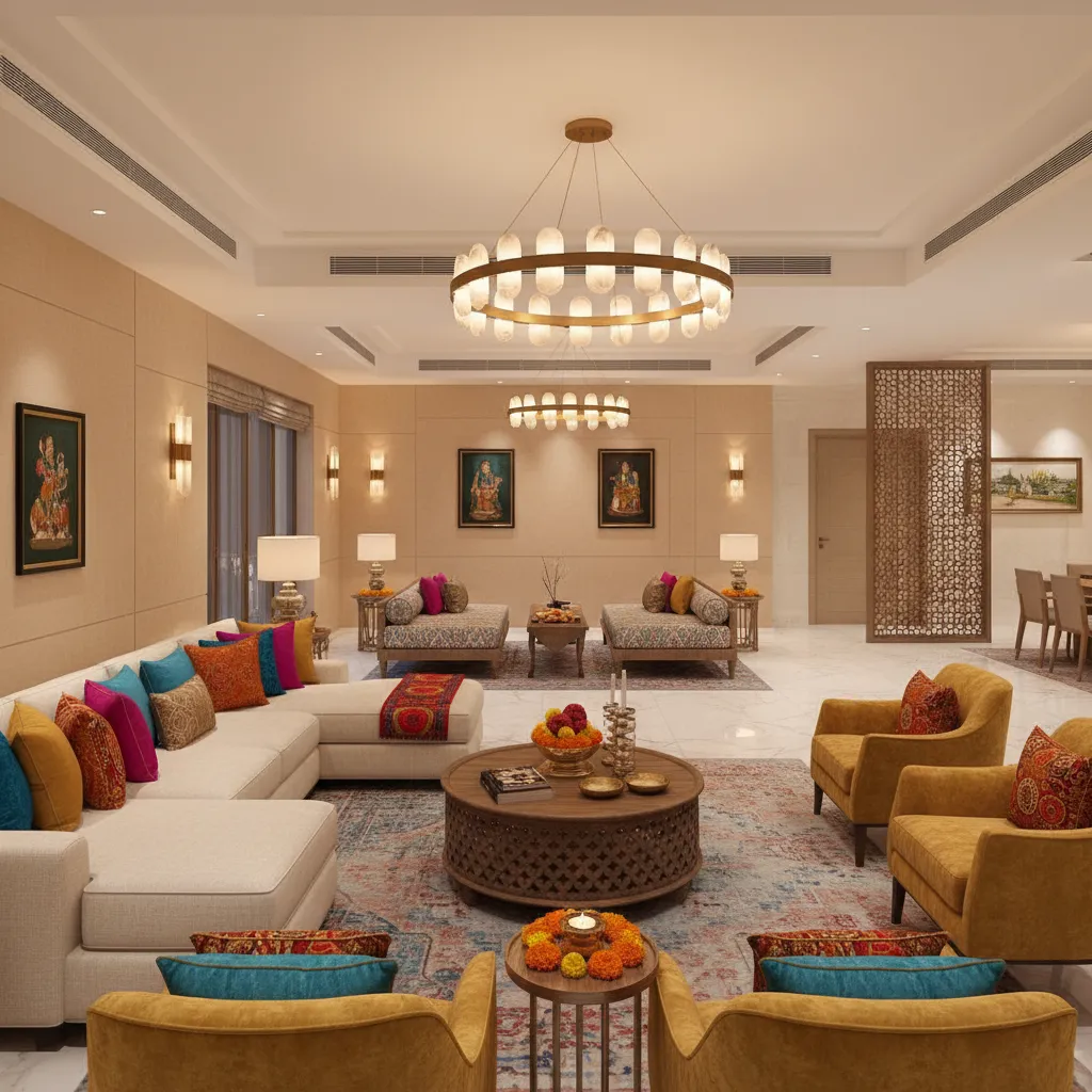 Indian style living room layout designed for large family gatherings
