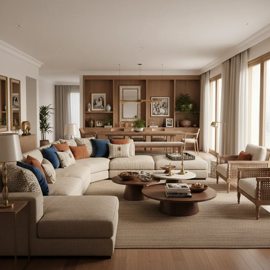Modern living room designed for an Indian family with warm tones and cultural accents
