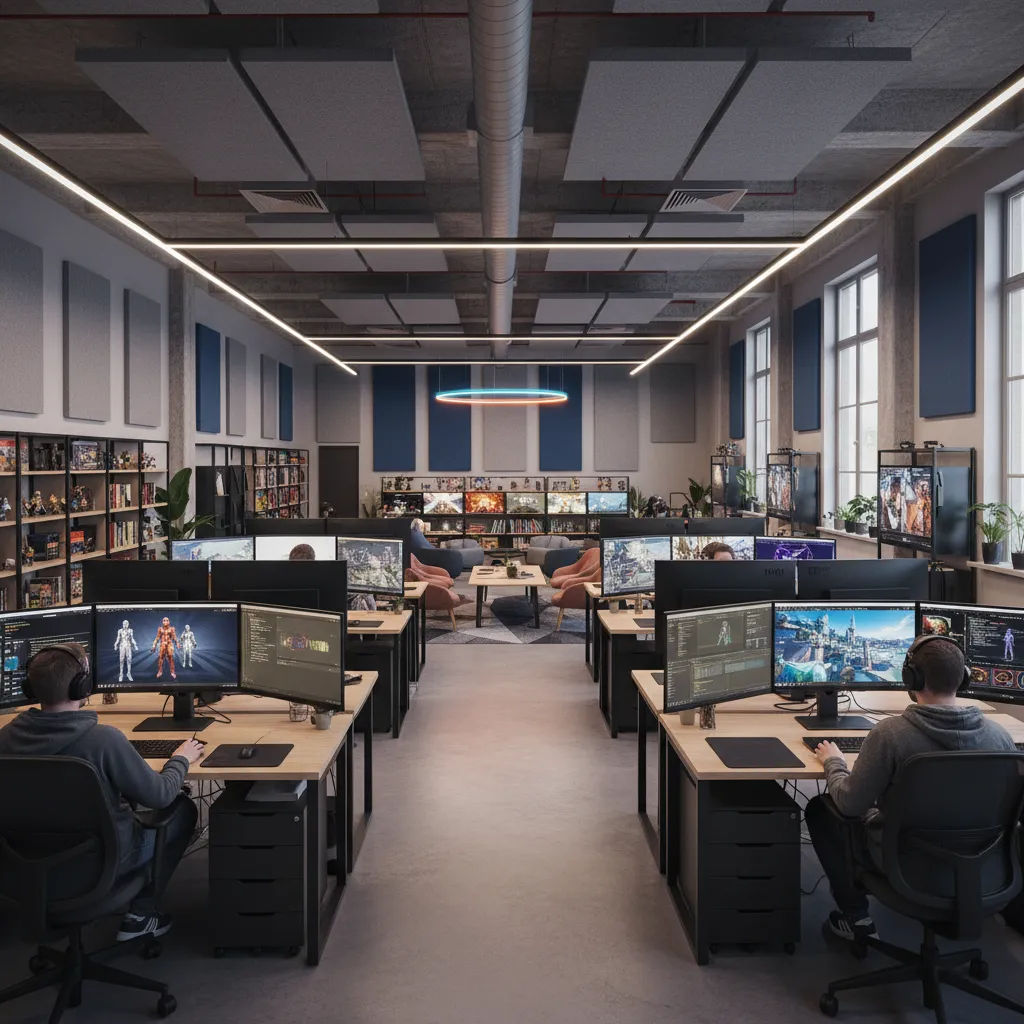 game developers working with 3D assets on large monitors in a modern studio