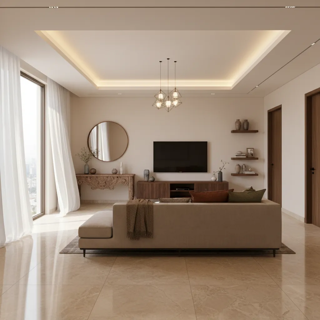 Photorealistic 3D render of modern Indian living room interior