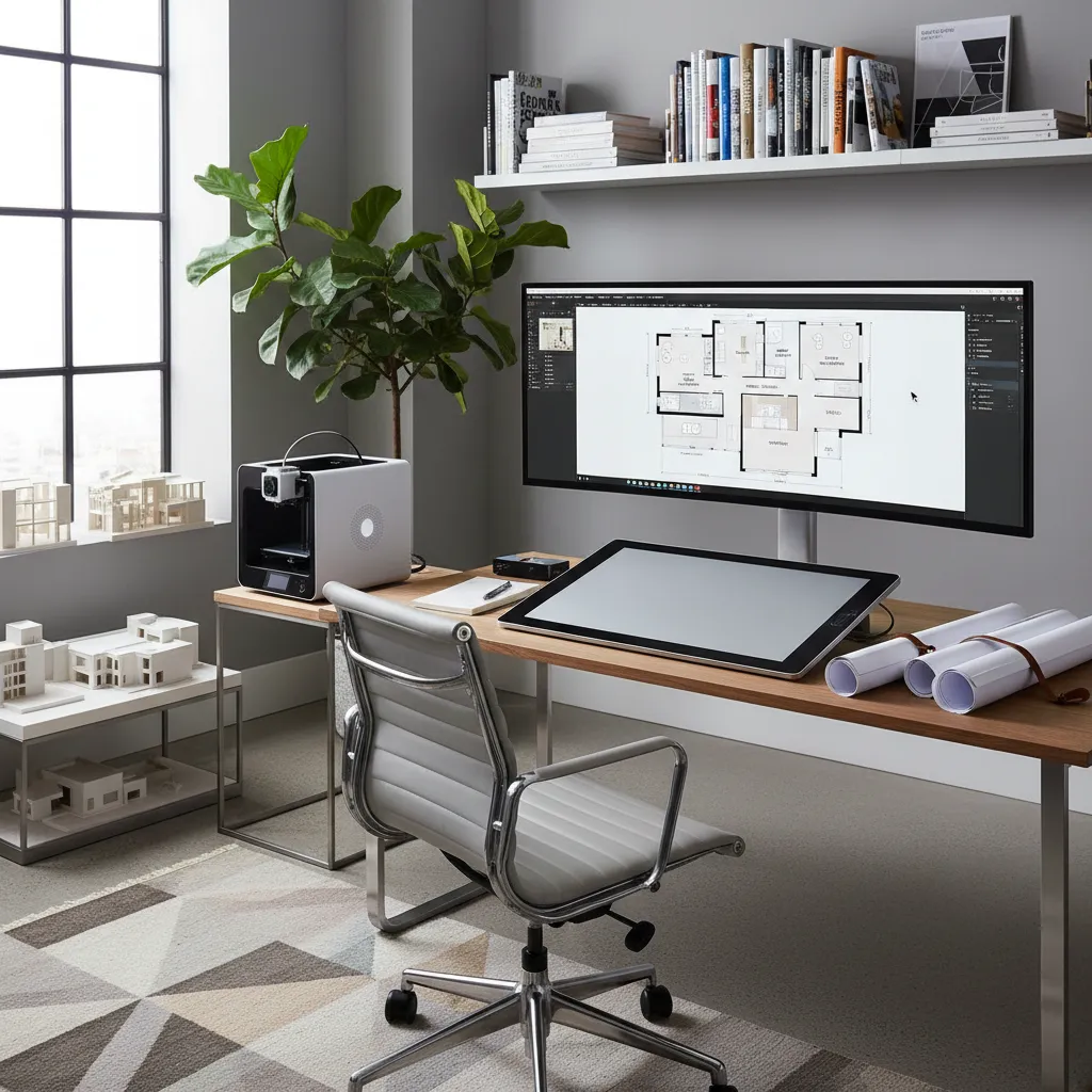 Architect reviewing Indian house floor plan design on digital planning software