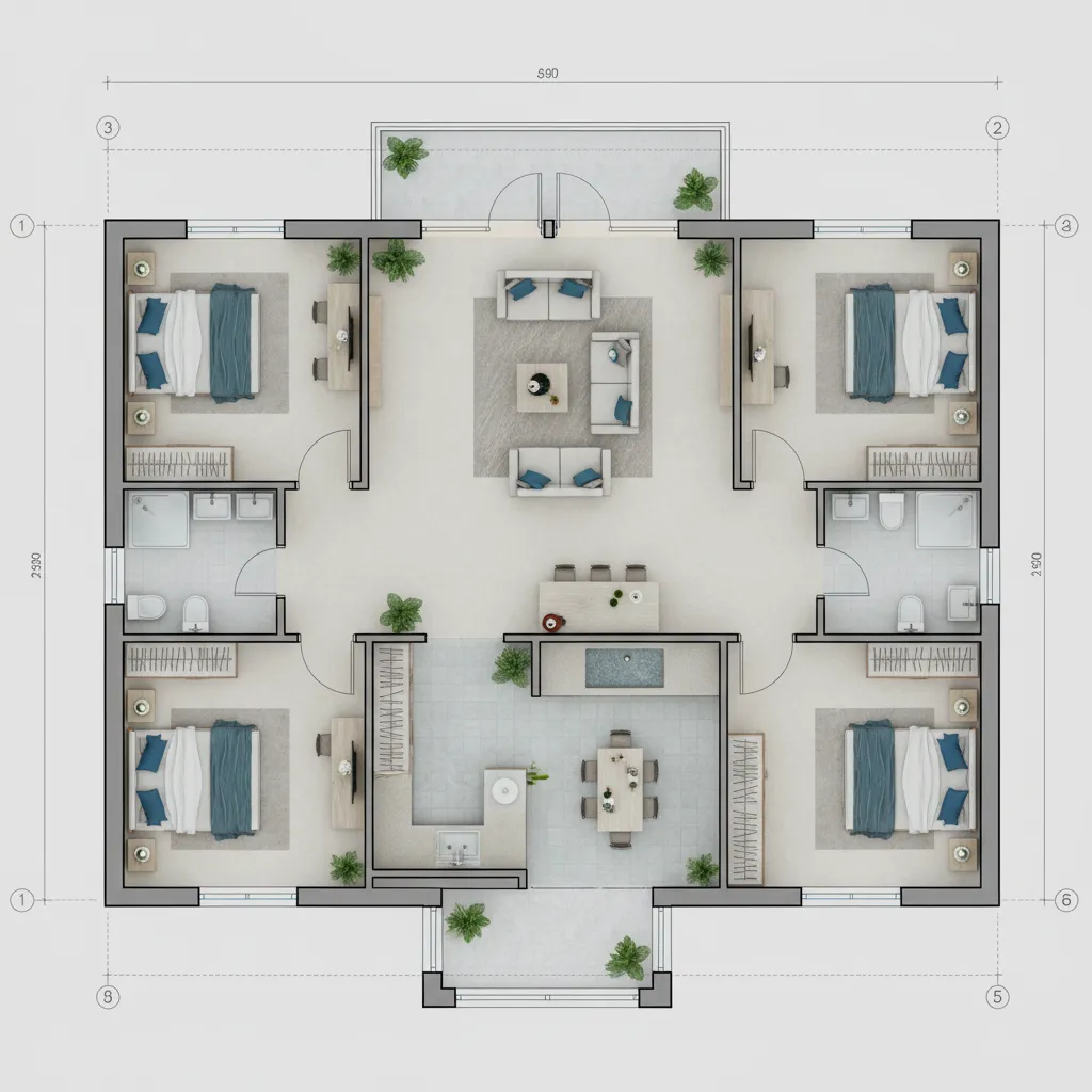 Typical Indian residential house layout with living room, bedrooms and courtyard
