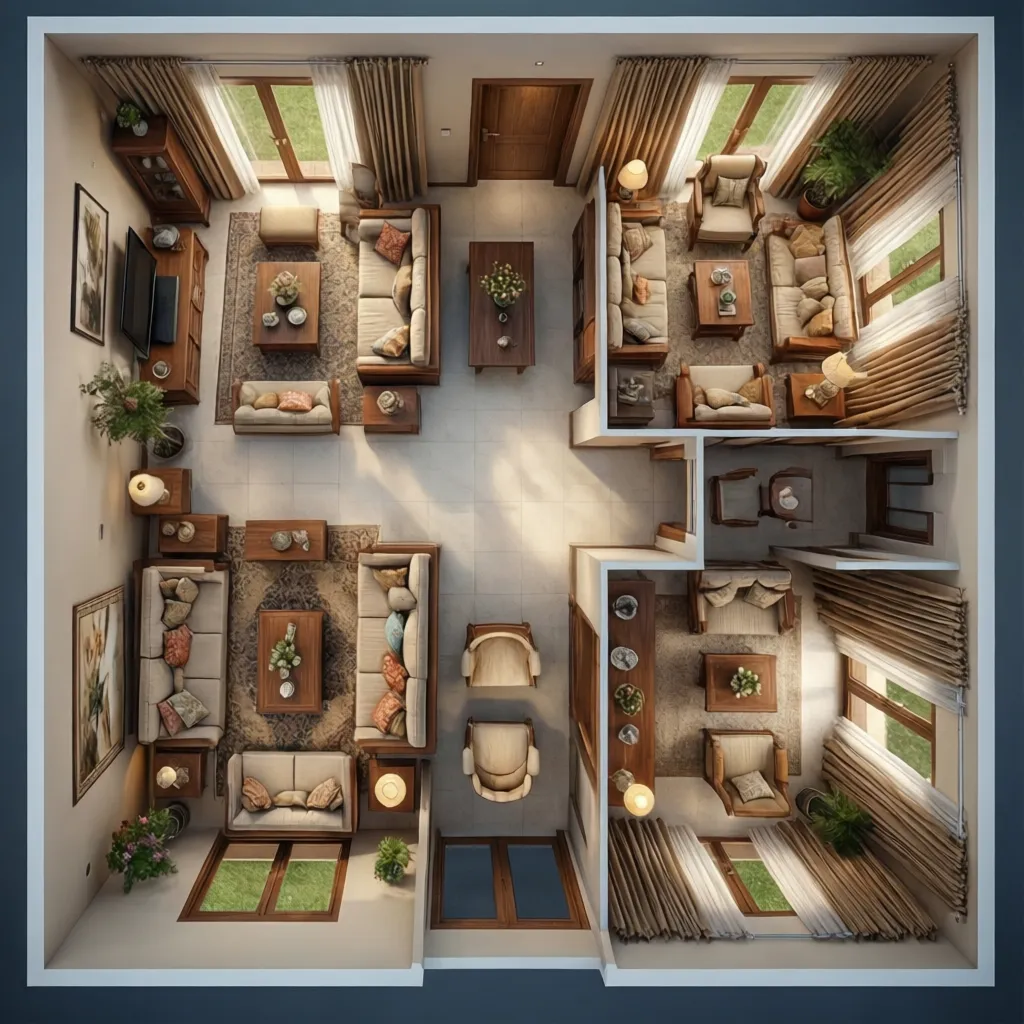 Interior layout planning for Indian style home showing seating zones and circulation