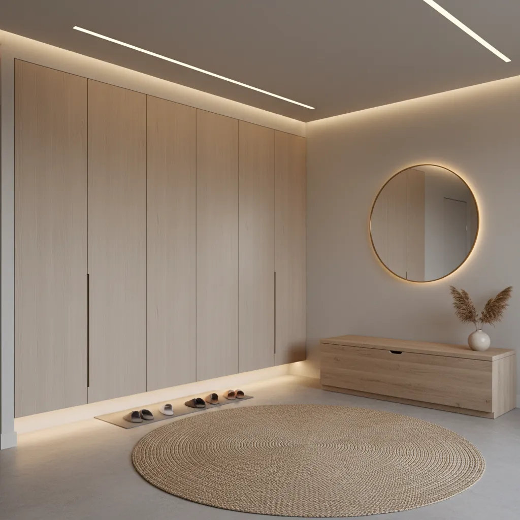 Entryway with shoe storage and organized cabinetry designed for Indian households