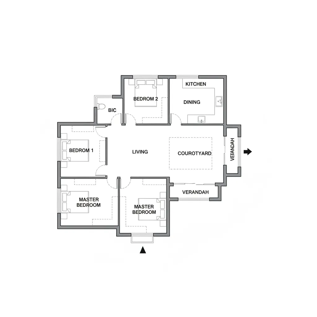 Residential floor plan diagram showing zoning of living kitchen and bedroom areas