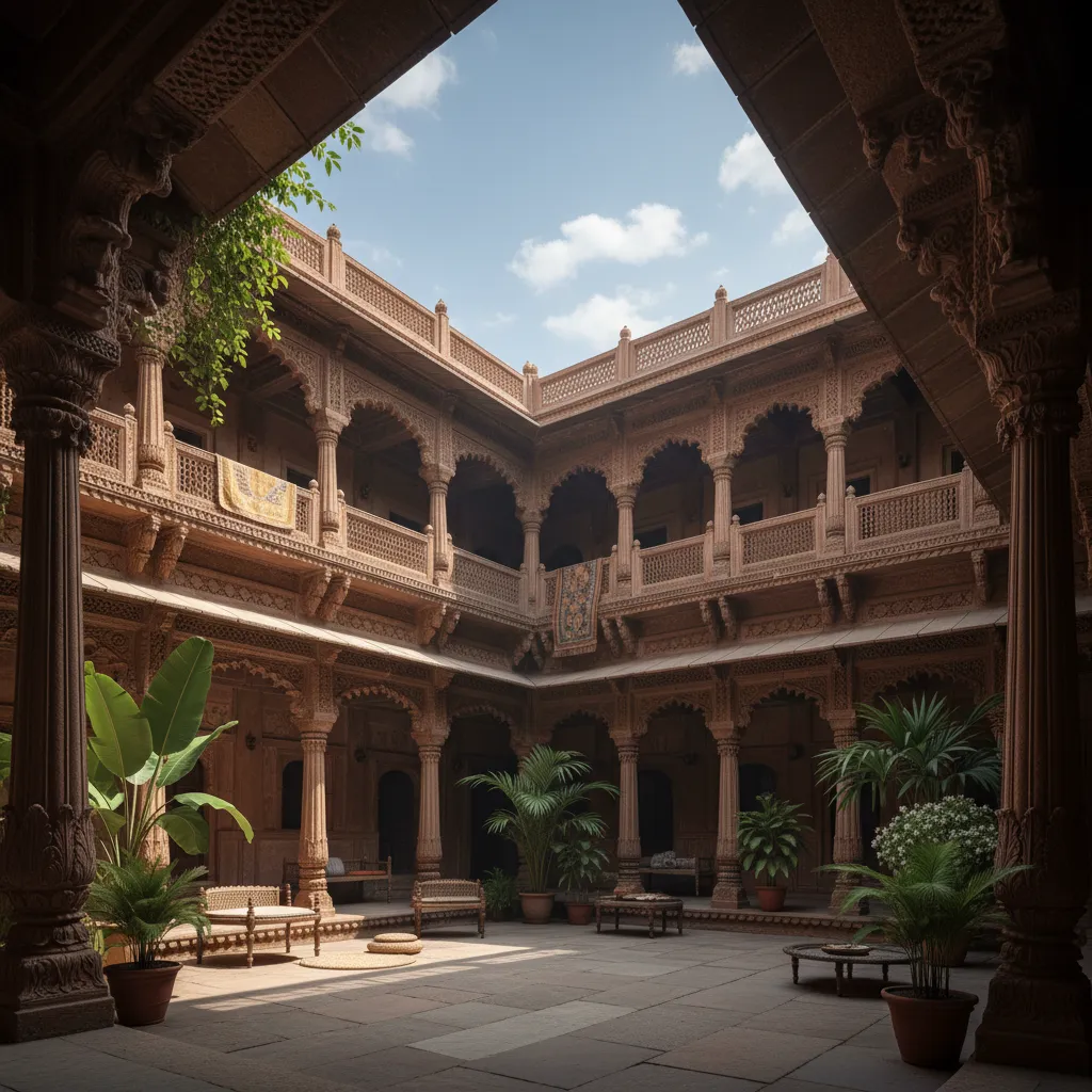 Interior de casa india tradicional con patio abierto y balcones interiores