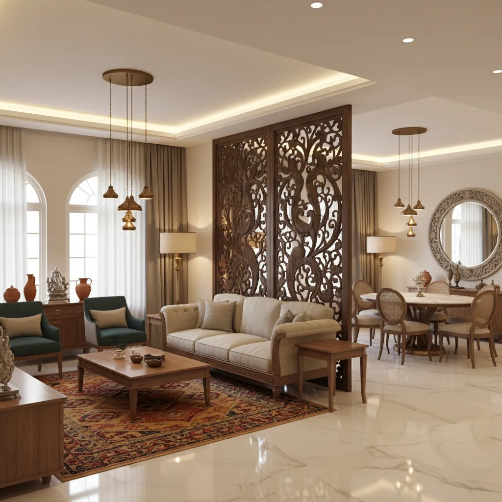 Indian inspired interior design elements integrated into a modern American home