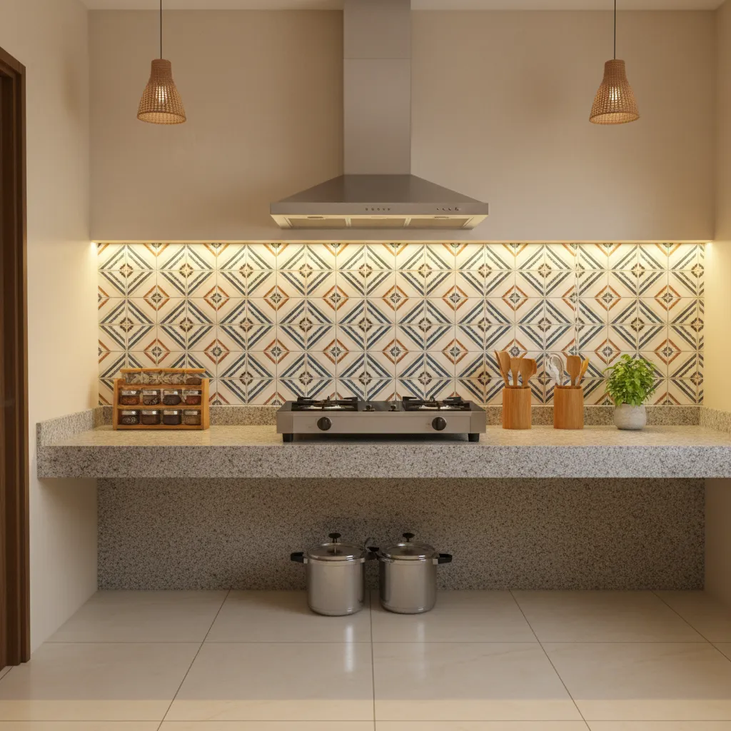 Kitchen chimney hood installed above gas cooktop in compact kitchen