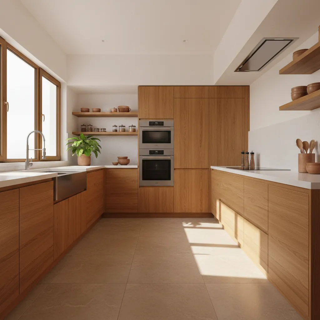 matte porcelain floor tiles in an Indian kitchen with warm cabinetry