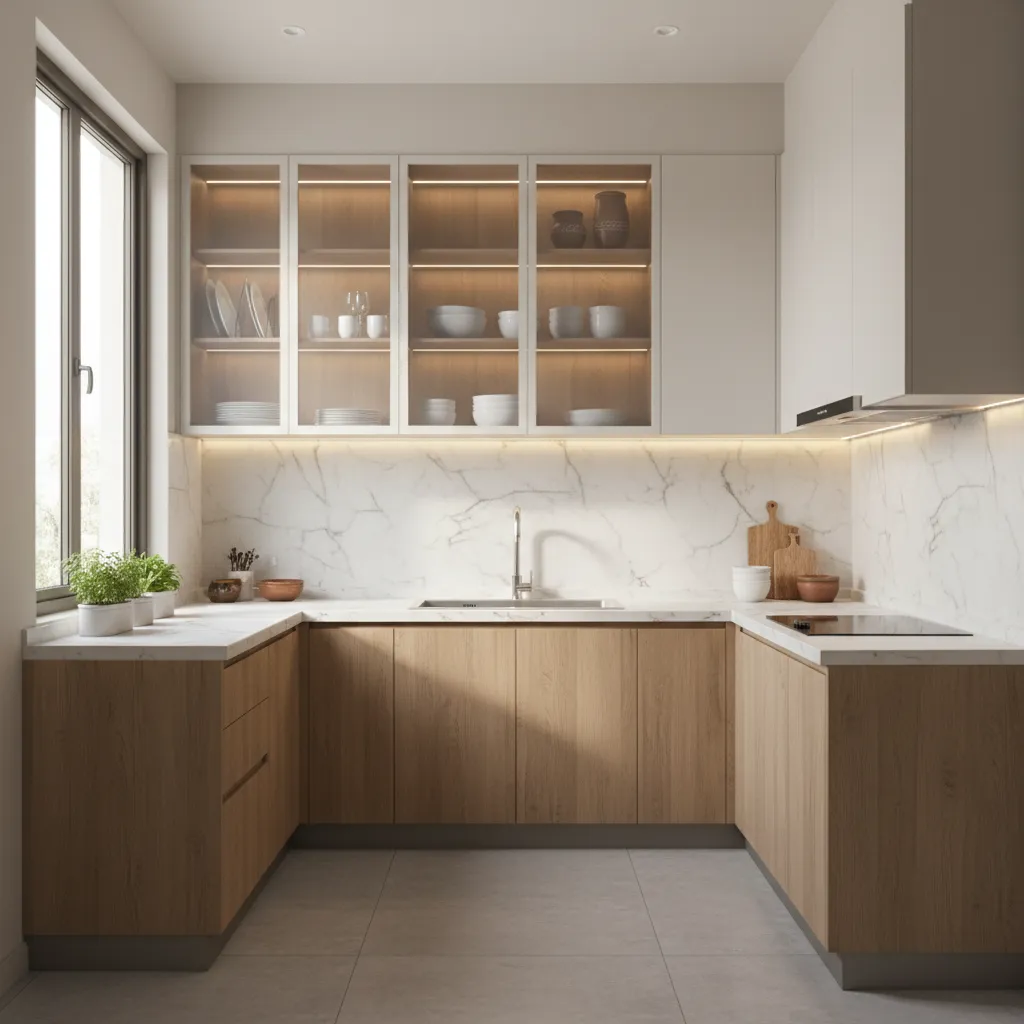 Indian modular kitchen with glass upper cabinets and solid base cabinets