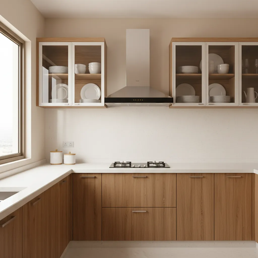 Indian modular kitchen with upper glass cabinets and solid base cabinets