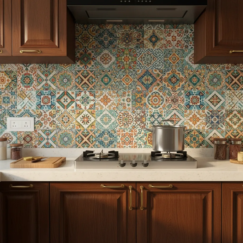 Indian kitchen backsplash with colorful patterned tiles behind stove