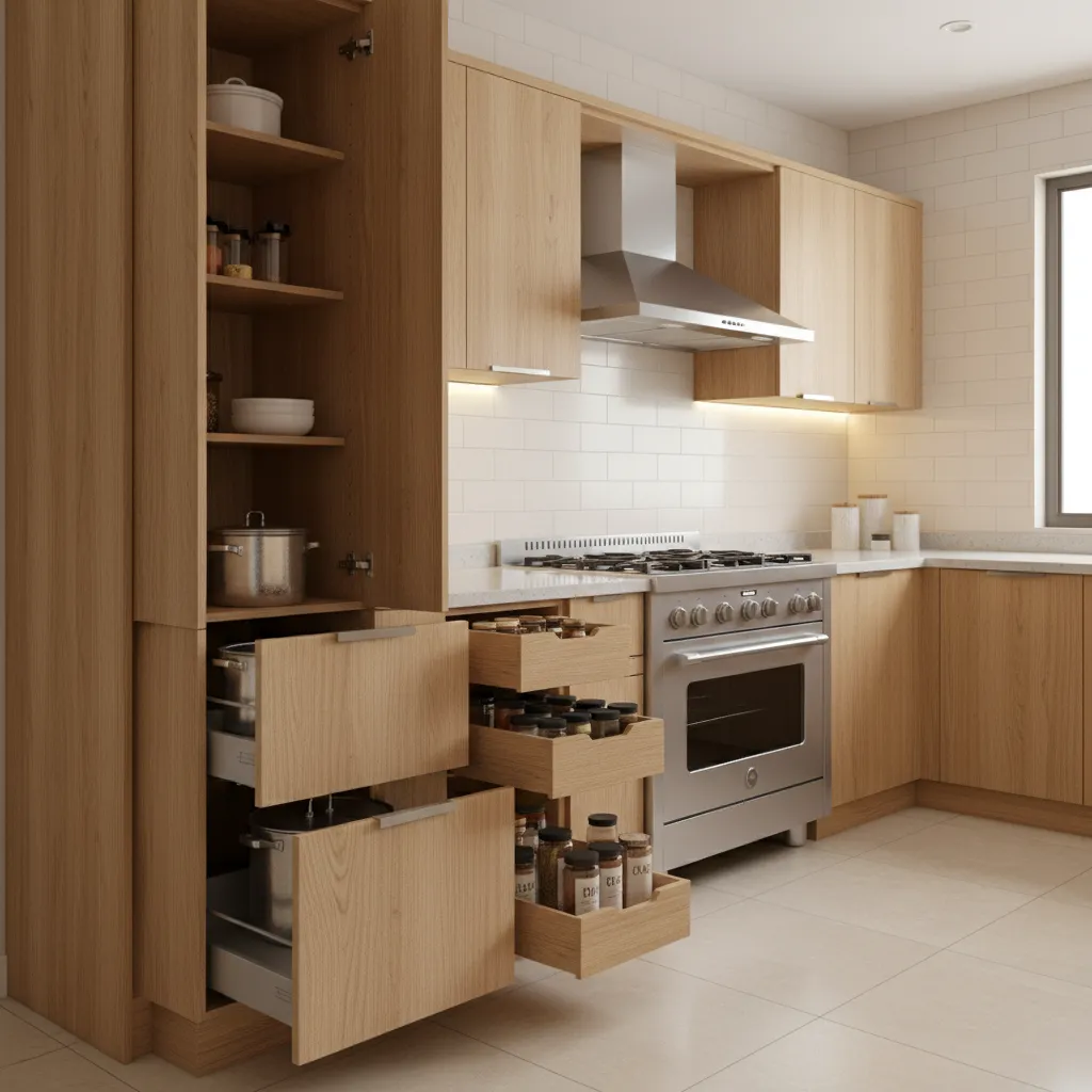 smart storage cabinets in Indian kitchen with spice drawers and vertical pantry
