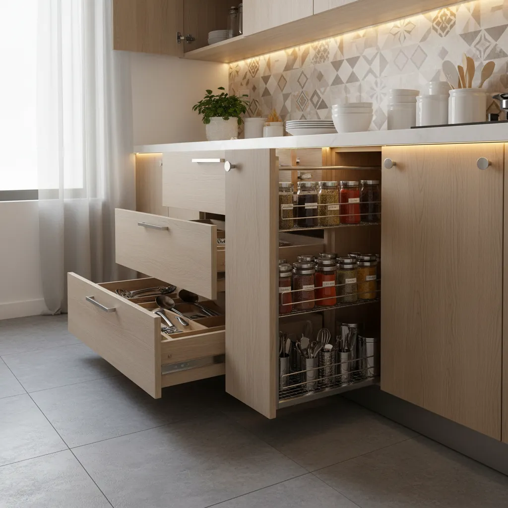 Indian kitchen storage solutions with pull-out spice rack and drawers