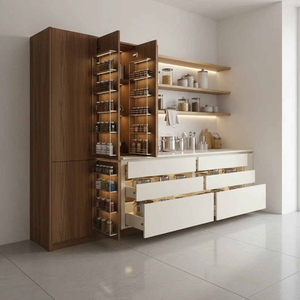 Smart vertical storage cabinets and pull-out drawers in Indian apartment kitchen
