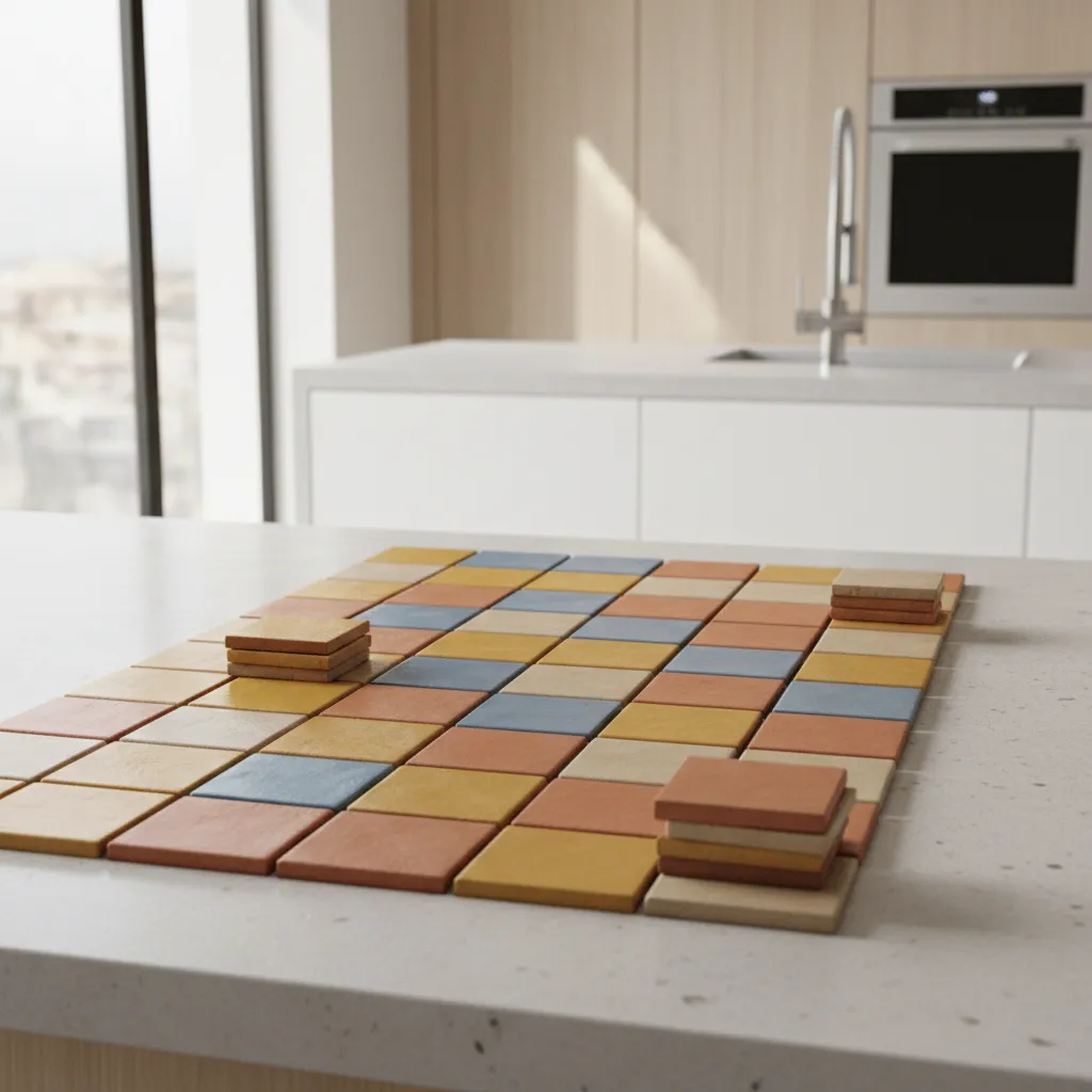 Indian kitchen tile palette featuring terracotta blue and beige tiles