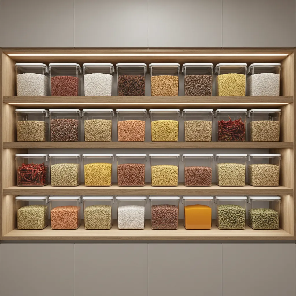 organized Indian pantry with uniform square storage containers