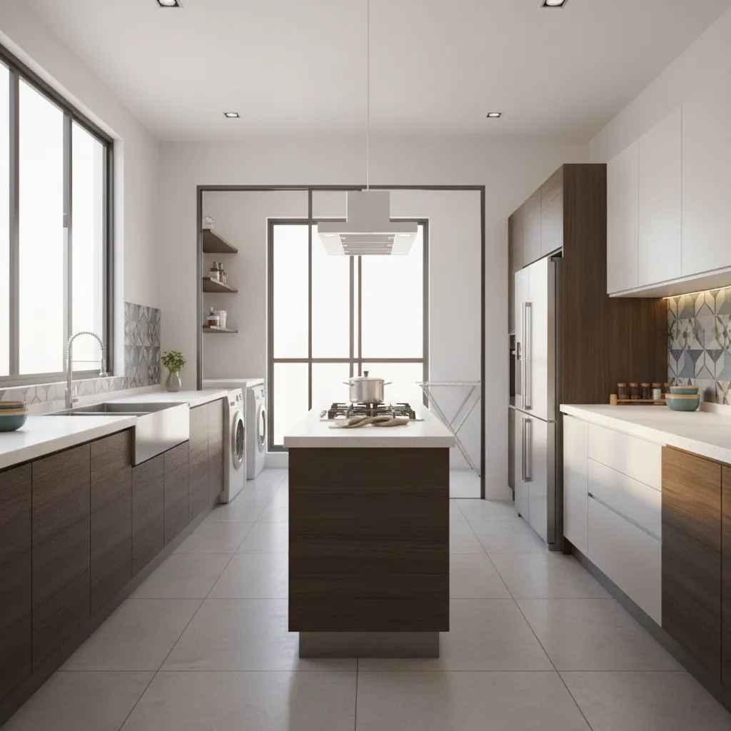 Efficient Indian kitchen layout connected to utility area