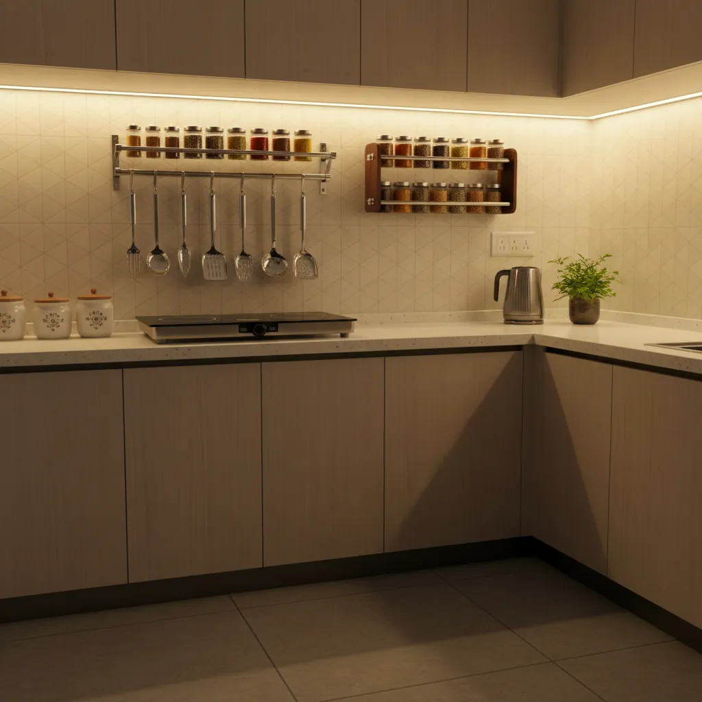 wall mounted racks and utensil rails in a small Indian kitchen