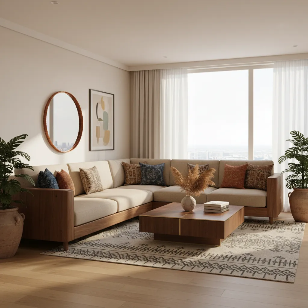 Modern Indian living room with L shaped wooden sofa layout