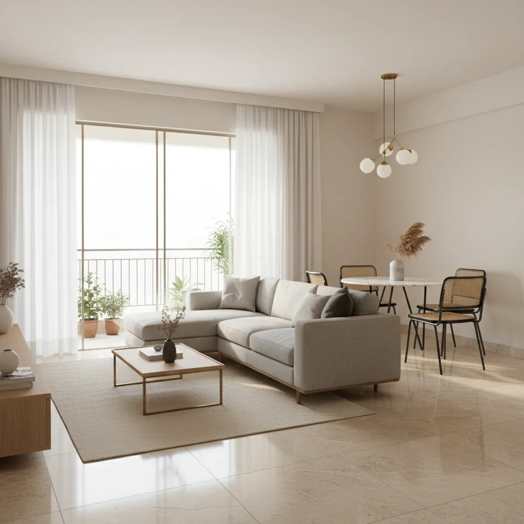 Open living dining room combo layout in an Indian apartment