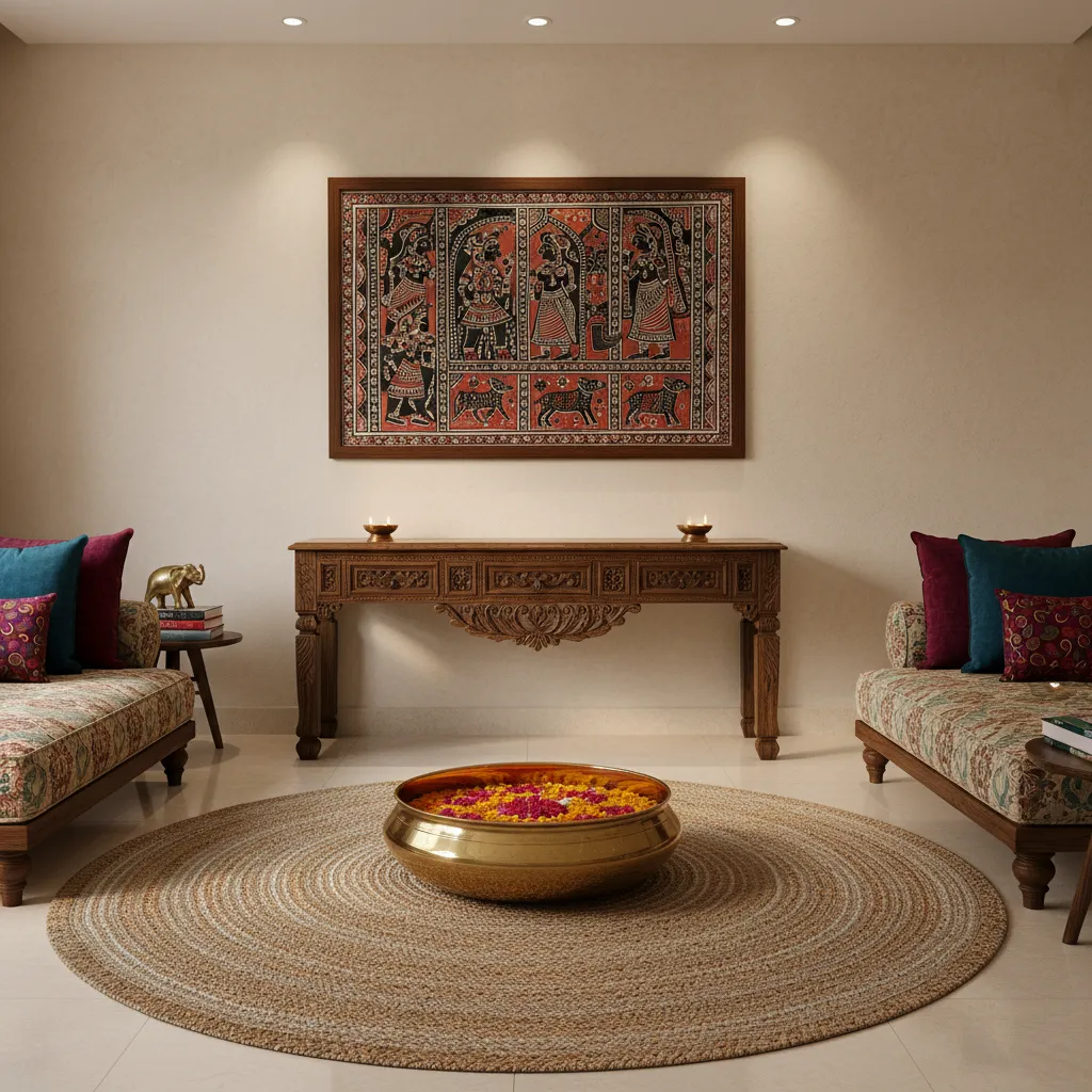 indian living room decor with brass urli bowl traditional art and jute rug