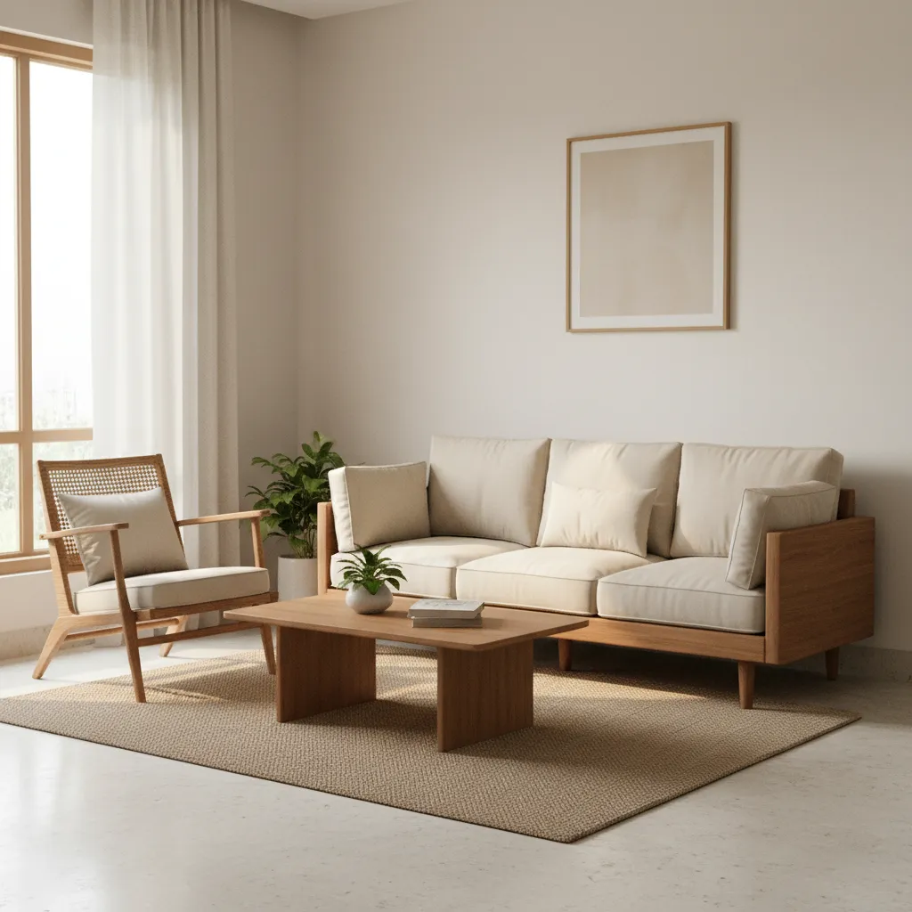 simple indian living room layout with wooden sofa cane chair and coffee table