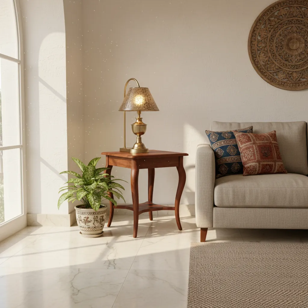 corner table with lamp and decor in Indian living room corner